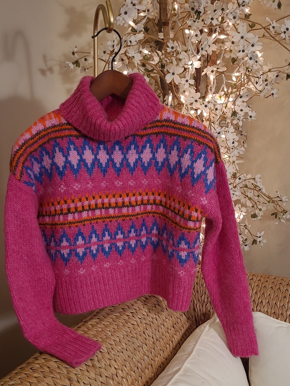 NWOT Forever 21 Hot Pink Multicolor Fair Isle Turtleneck Sweater